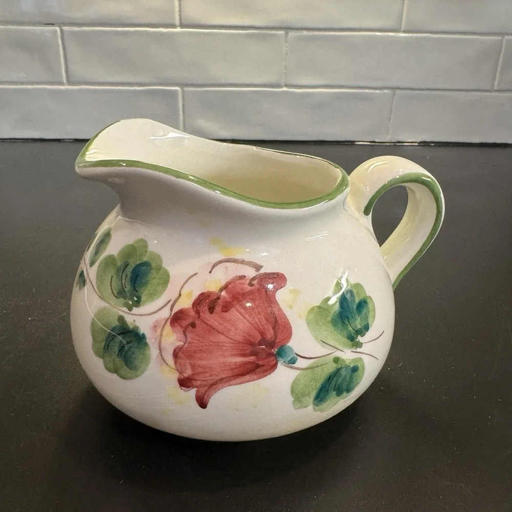 Vintage Floral‎ Ceramic Pitcher Vase Hand Painted in Italy Cottage Core Country